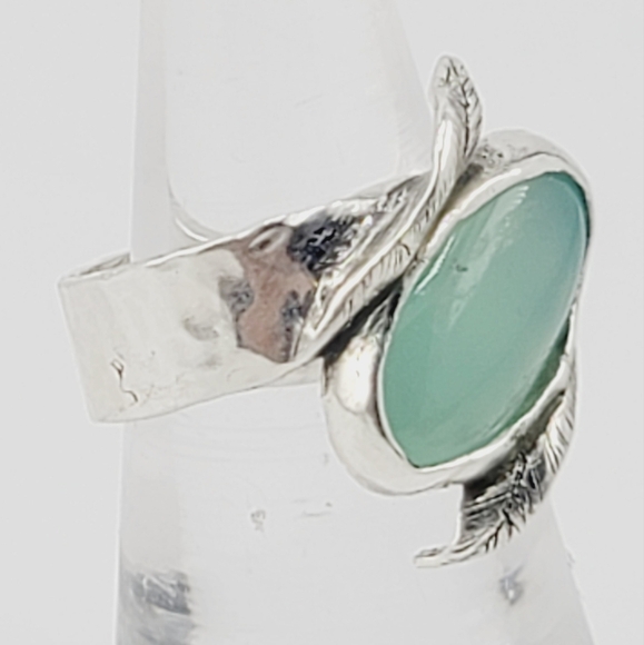 PREHNITE W/ ENGRAVED LEAFS RING HANDMADE IN STERLING SILVER METAL SIZE 6 - Picture 6 of 6